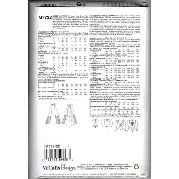 McCall's M7732 Misses 12 to 18 Victorian Steampunk Costume Uncut Sewing Pattern - Picture 2 of 2